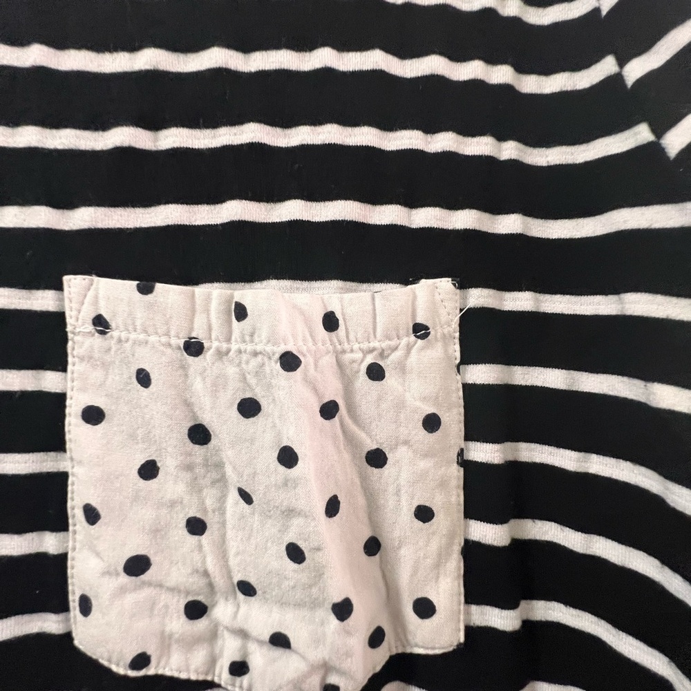 Black and White Striped Women's Tee with Polka Dot Accent
